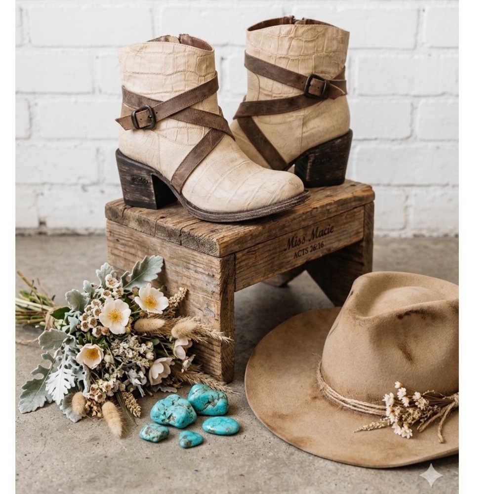 Miss Macie Sedona Ankle Boots 7.5 M Bone‎ Leather Croc Embossed Strappy Western